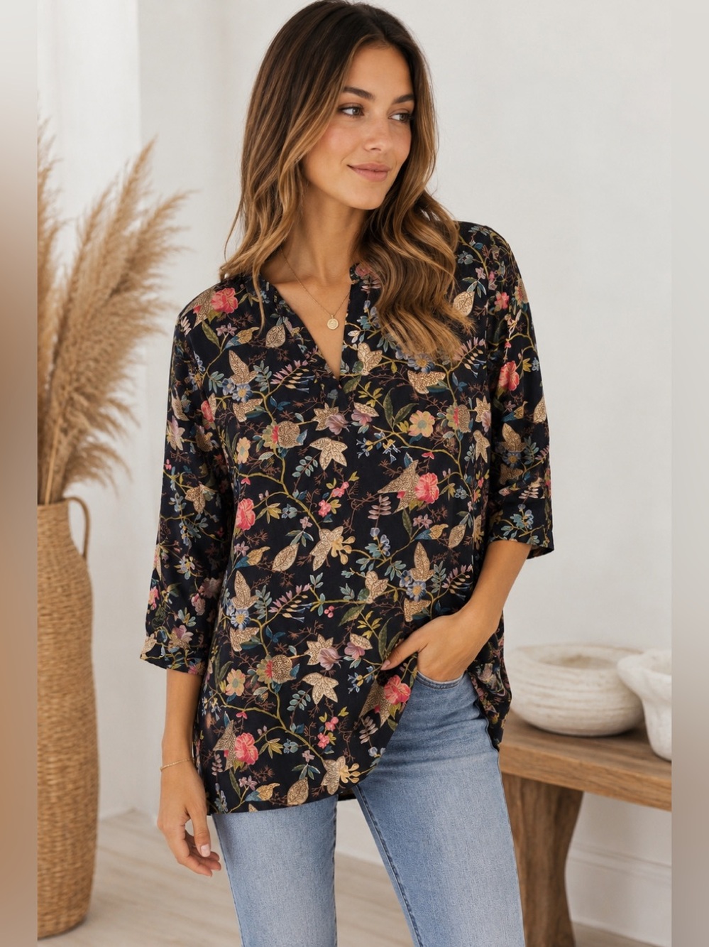 Sam Hilu Collection Oversized Medium Floral Botanical Tunic Top 100% Cotton Boho